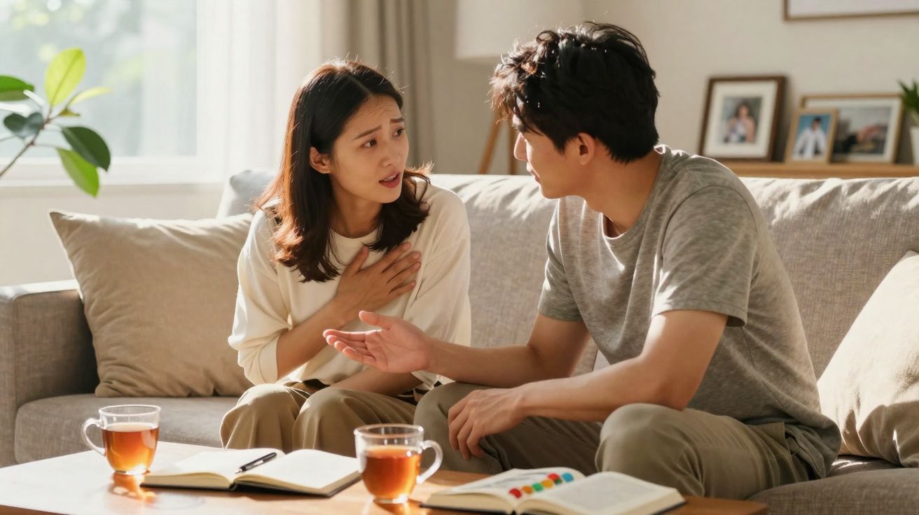 Casal sentado no sofá em sala, mulher aparentando preocupação e homem conversando seriamente.