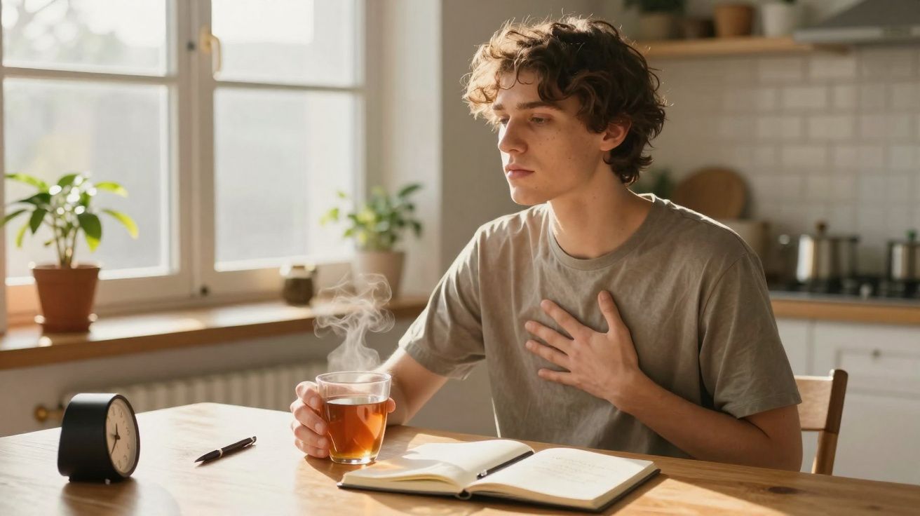 Jovem com expressão de desconforto segurando xícara de chá quente e a mão no peito, sentado à mesa.