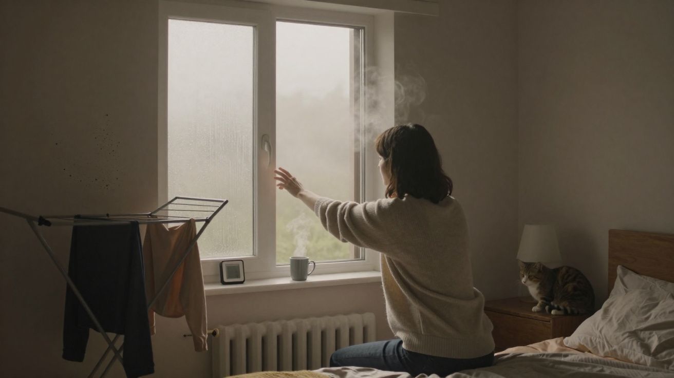 Mulher sentada em cama, abrindo janela com vapor, ao lado gato em criado-mudo e roupas secando.