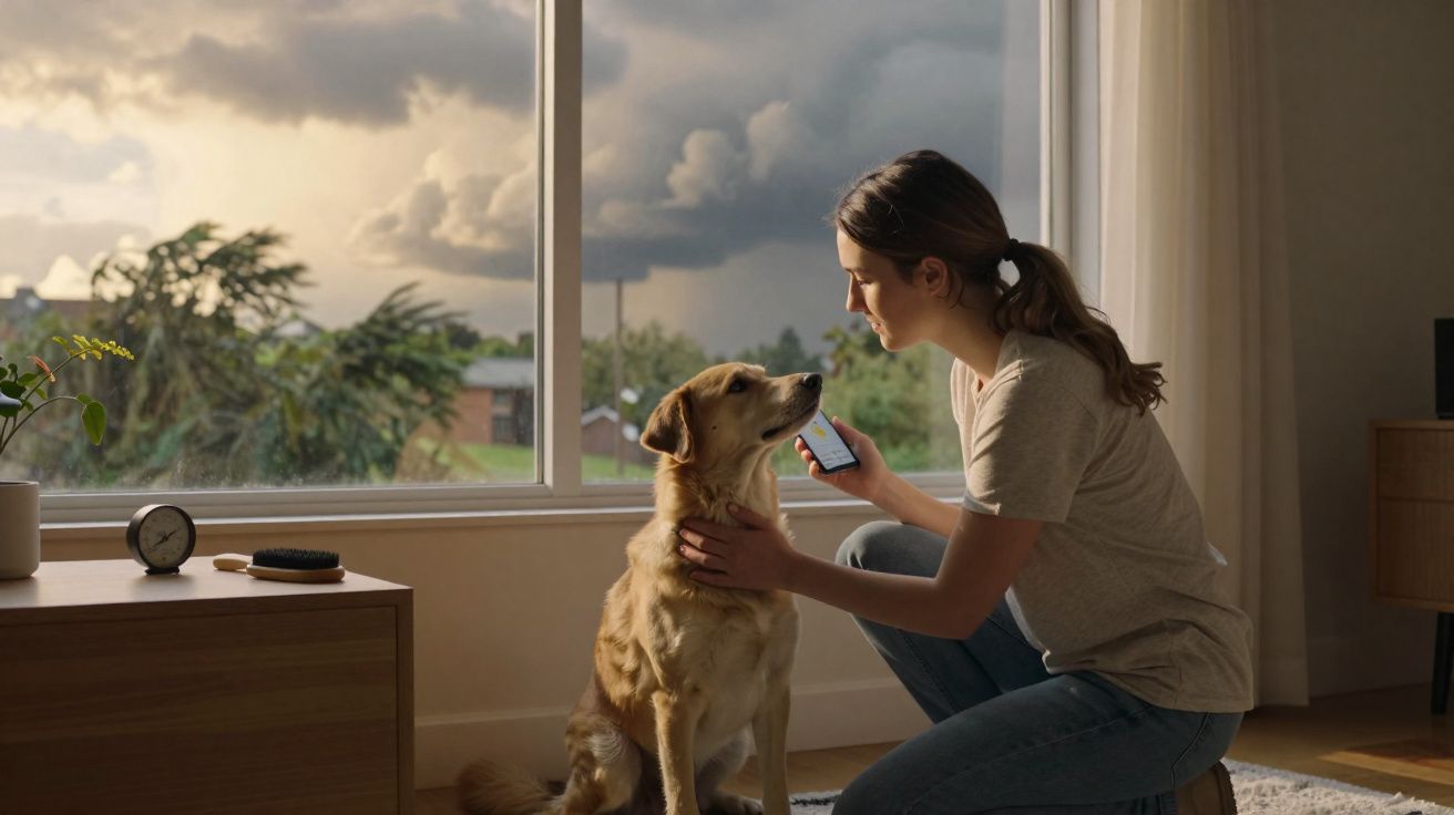 Mulher agachada com celular acariciando cachorro em sala com janela e tempo nublado do lado de fora.