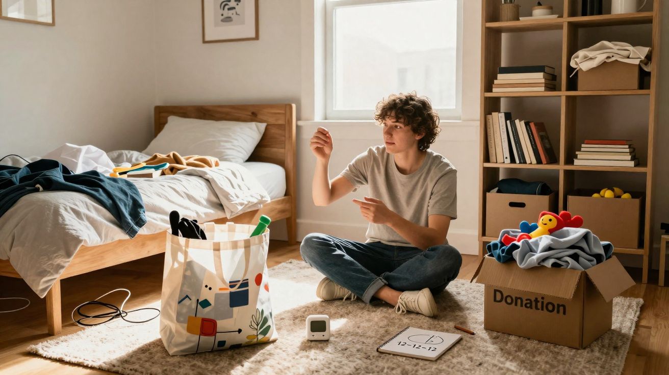 Pessoa sentada no chão do quarto com sacola e caixa de doações, organizando objetos para doação.