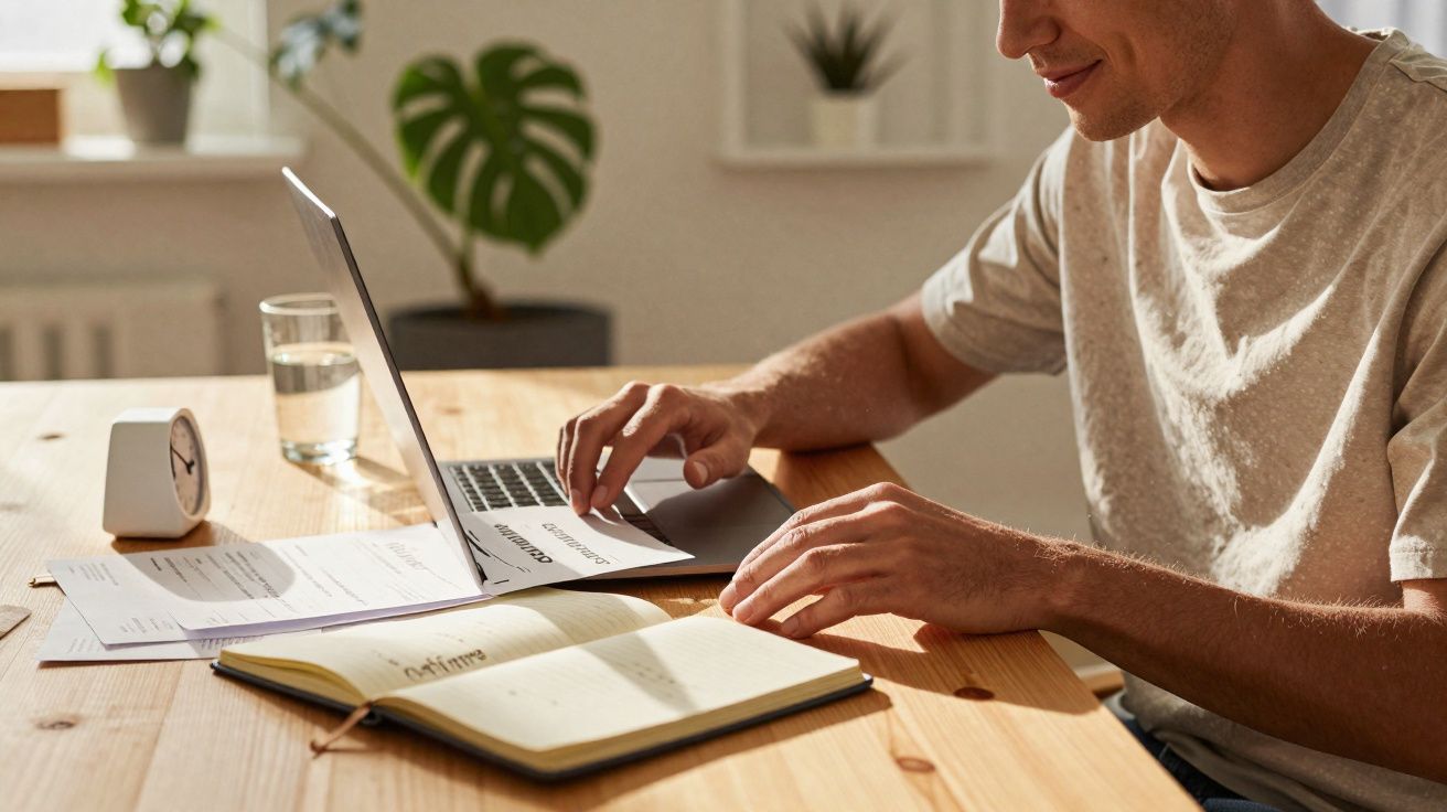 Pessoa trabalhando em laptop com caderno aberto, relógio, documentos e copo d'água em mesa de madeira.