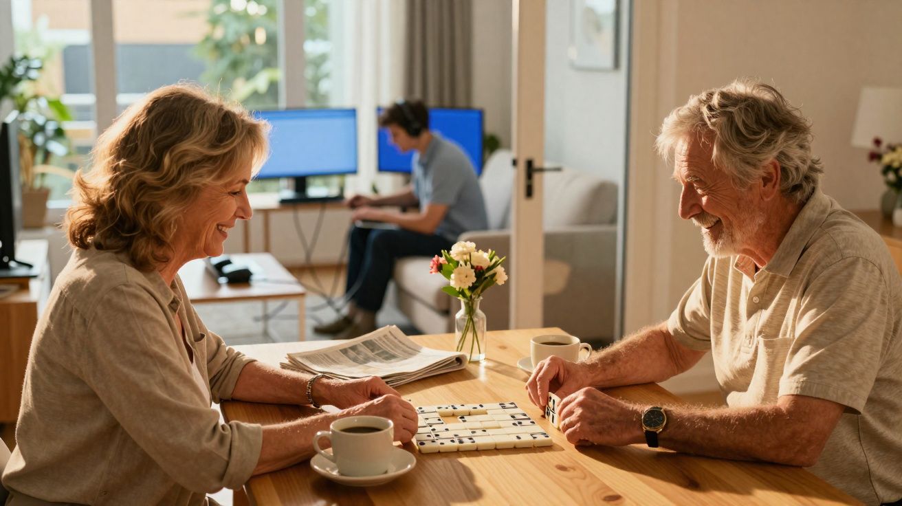 Casal idoso jogando dominó à mesa com café, enquanto jovem usa computador ao fundo em sala iluminada.