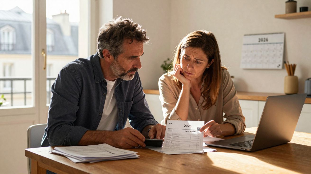 Casal preocupado revisando contas e usando calculadora em mesa com laptop em ambiente doméstico claro.