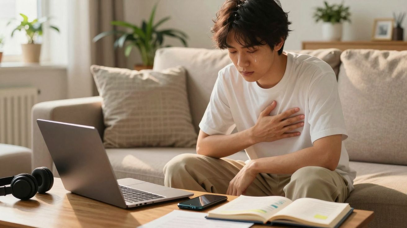 Jovem sentado no sofá com mão no peito e lágrima, olhando para notebook sobre mesa com livro aberto.