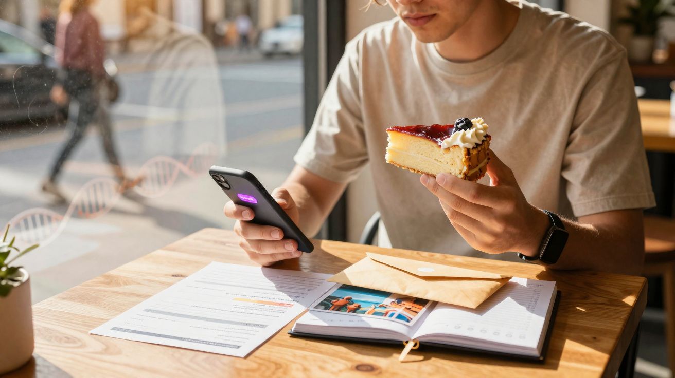 Pessoa segurando fatia de torta e celular, sentada em mesa com livro, envelope e documentos, perto de janela.