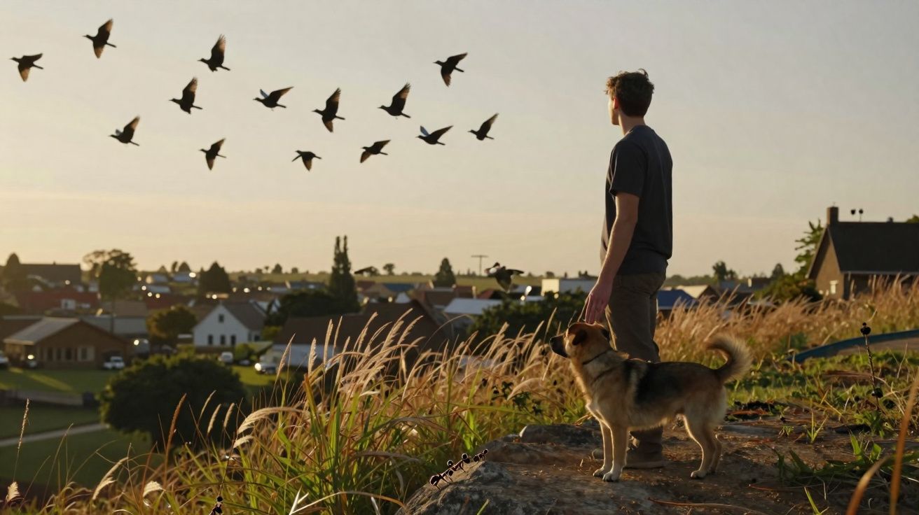 Homem com cachorro observa pássaros voando sobre casas ao pôr do sol em área rural.