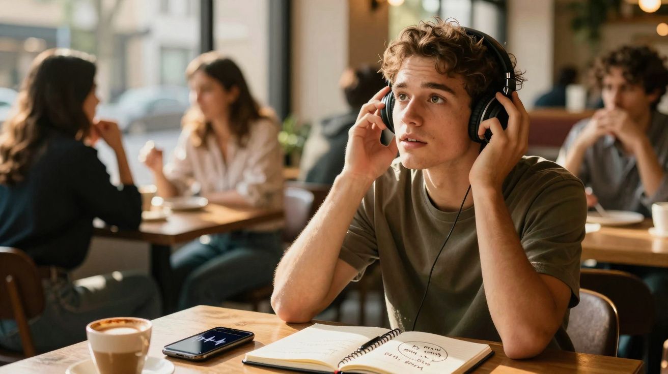 Jovem ouvindo música com fones em cafeteria, notebook e café sobre mesa à frente.