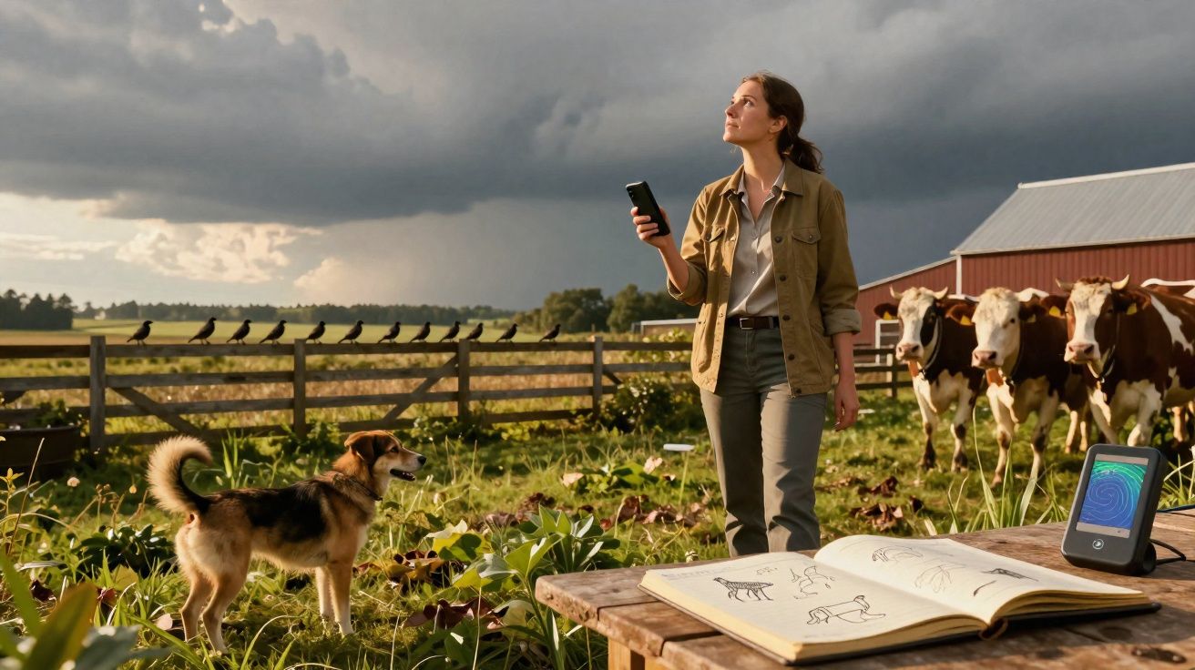 Mulher no campo com celular, cão ao lado, vacas ao fundo e livro aberto sobre mesa de madeira.