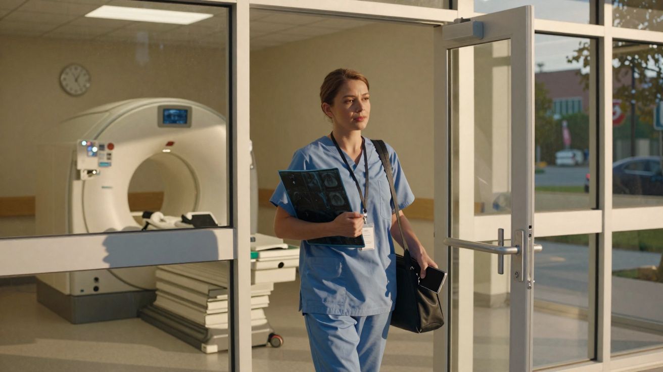 Profissional de saúde em scrubs azuis saindo de sala com equipamento de tomografia computadorizada.