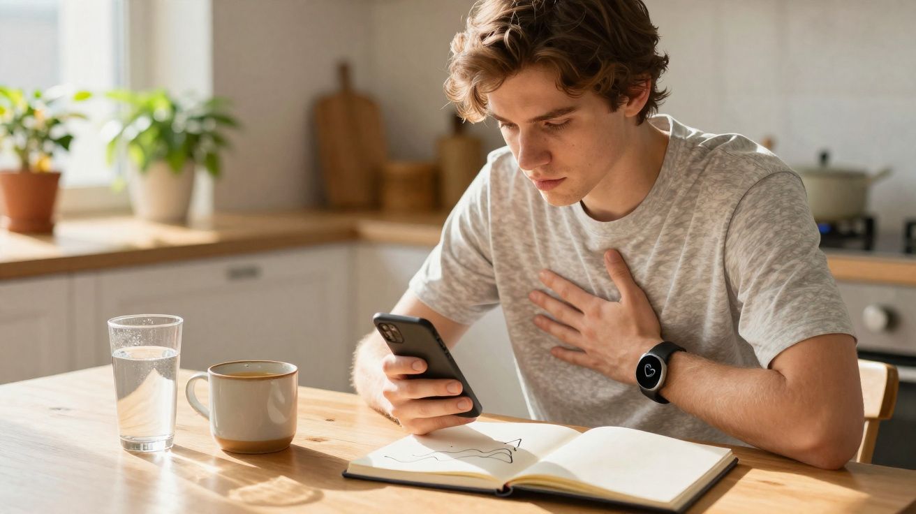 Jovem sentado à mesa com notebook aberto, segurando celular e mão no peito, aparentando desconforto.
