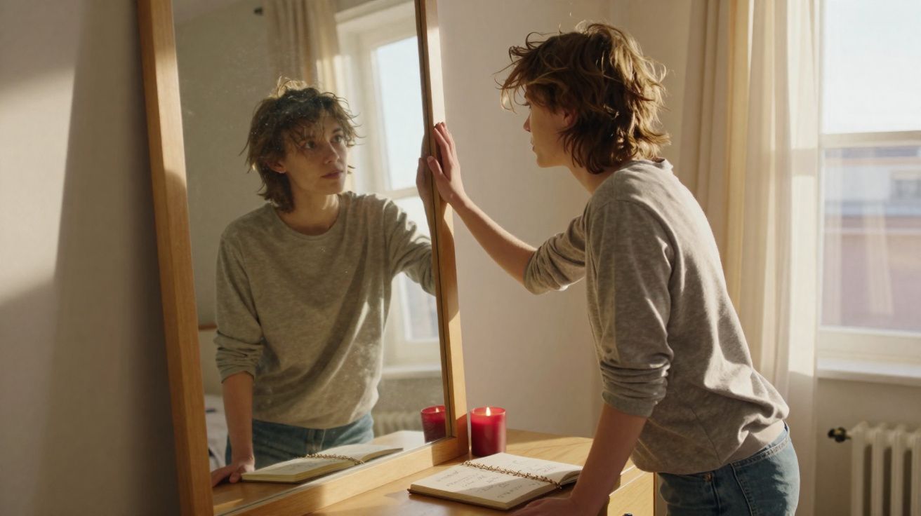 Pessoa olhando pensativa para o próprio reflexo em espelho sobre mesa com caderno e vela vermelha.