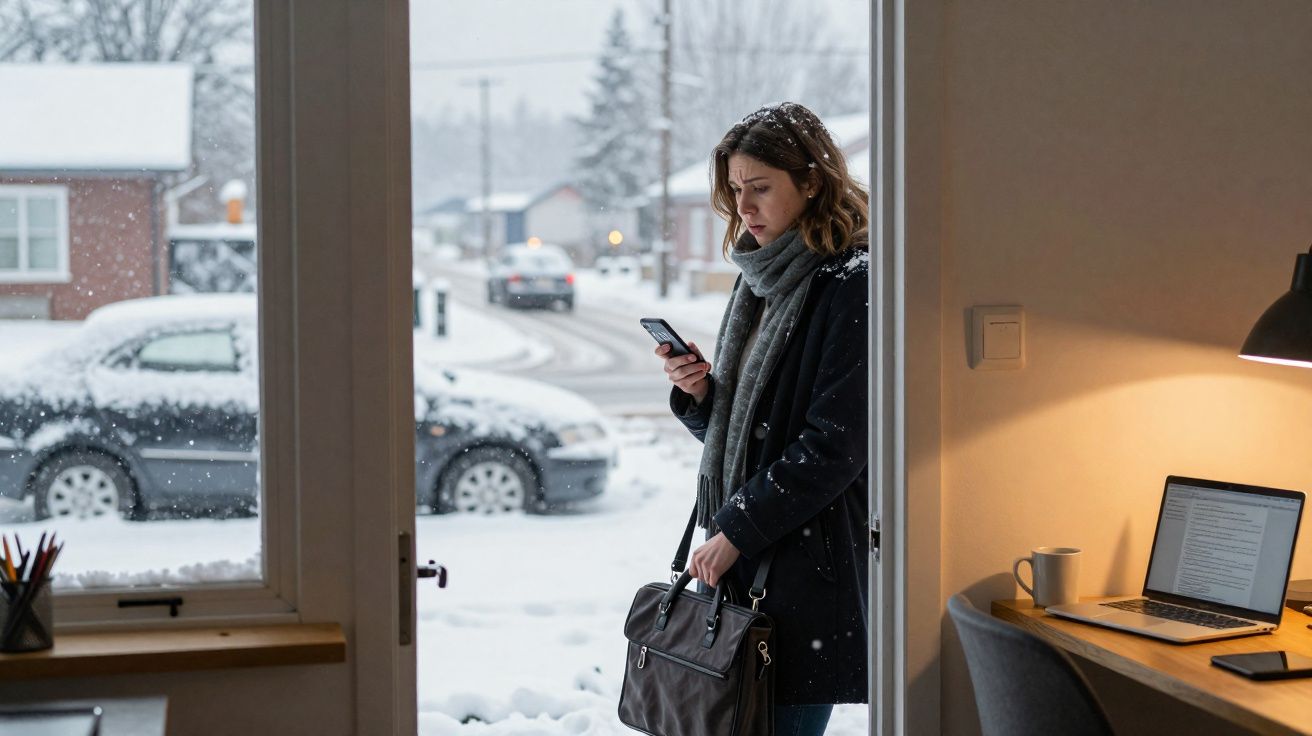 Mulher vestindo casaco e cachecol, segurando bolsa e olhando celular na porta durante nevasca.