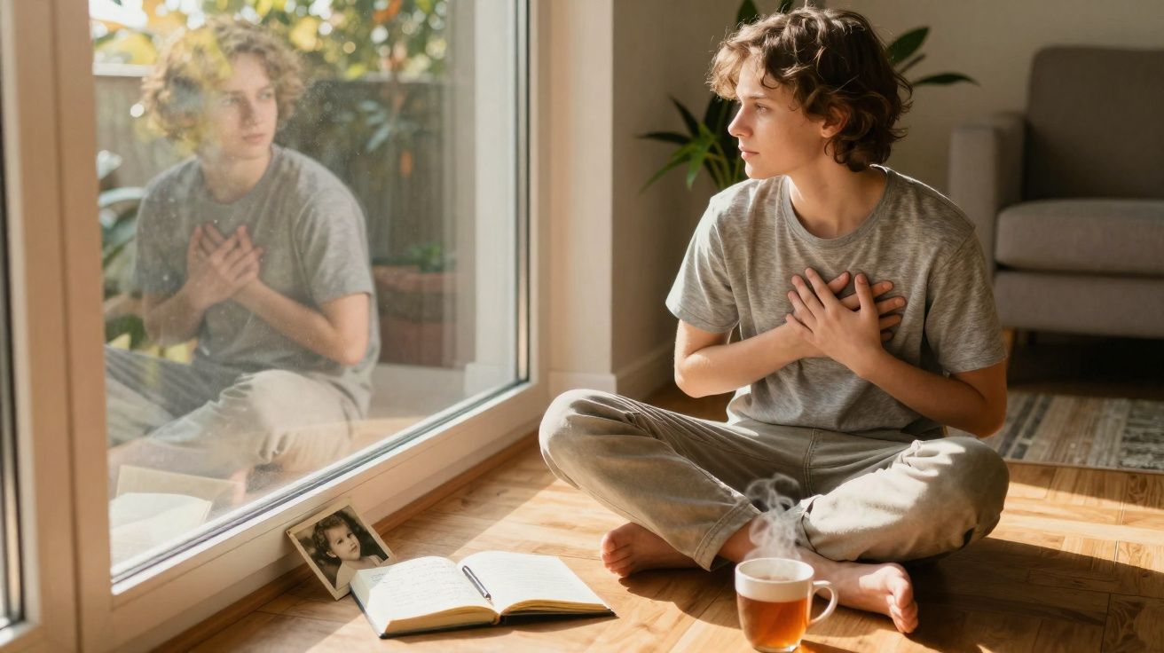 Jovem sentado no chão com as mãos no peito, olhando pela janela, ao lado de chá e livro aberto.