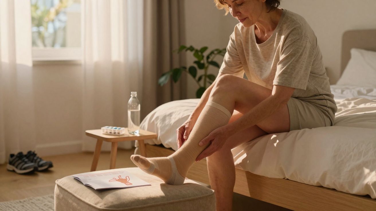 Mulher sentada na cama vestindo meia de compressão em ambiente iluminado e acolhedor.