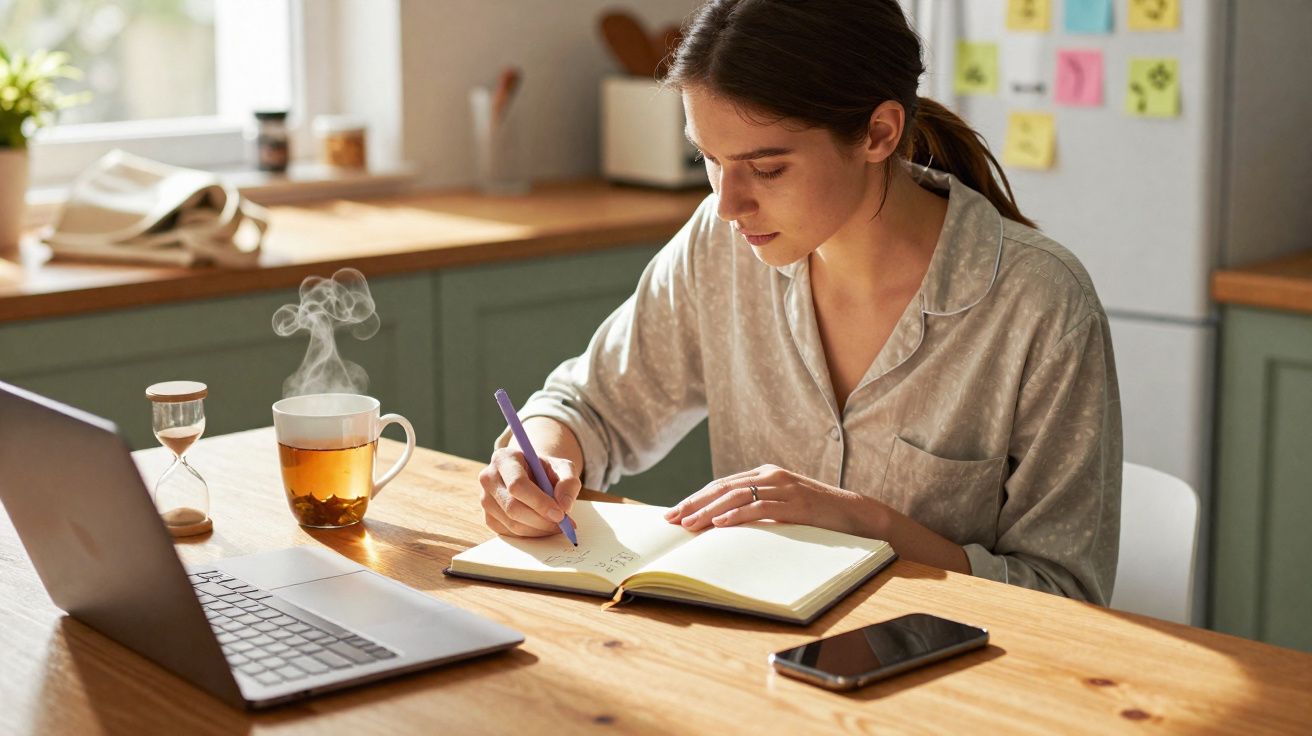 Mulher em pijama escrevendo em caderno à mesa com notebook, celular e xícara de chá fumegante.