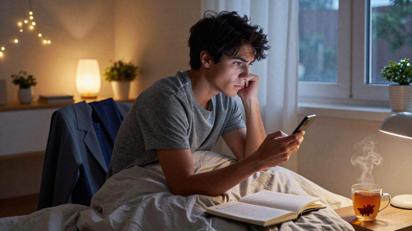 Jovem sentado na cama à noite, olhando preocupado para o celular com livro e chá ao lado.