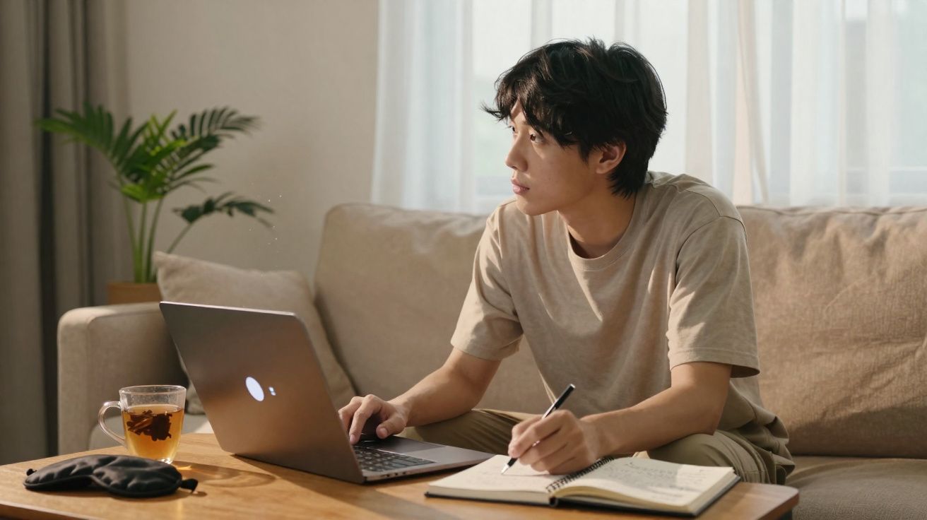 Jovem sentado no sofá usando laptop e escrevendo em caderno com xícara de chá sobre a mesa de madeira.