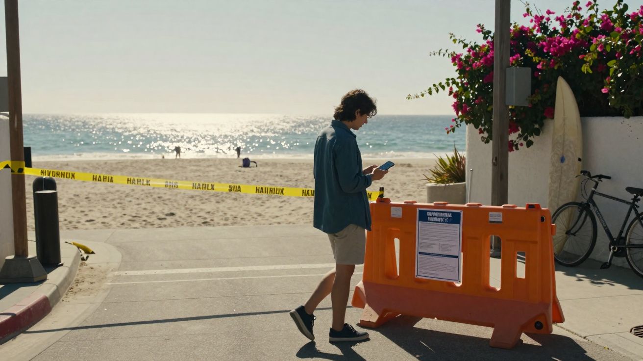 Homem de camiseta azul e bermuda observa celular próximo a barreira laranja que bloqueia acesso à praia ensolarada.