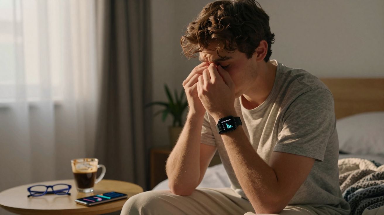 Homem com expressão de cansaço ou estresse sentado na cama, segurando o rosto com as mãos.