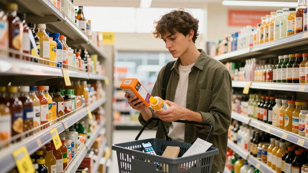 Jovem segurando produtos e olhando rótulo em corredor de supermercado com cesta de compras.