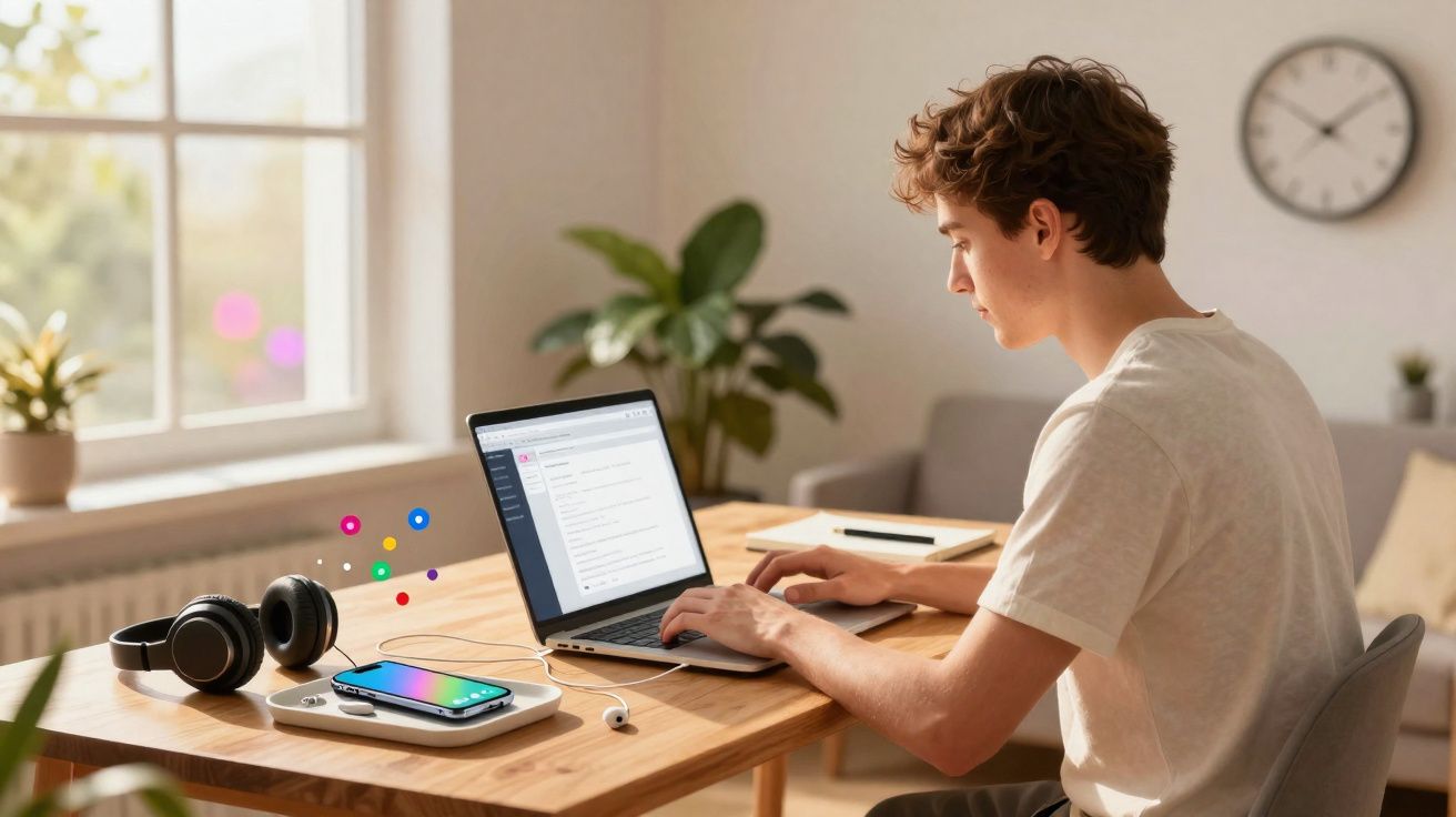Jovem trabalhando em notebook em mesa com fones, celular carregando sem fio e ambiente iluminado pela janela.