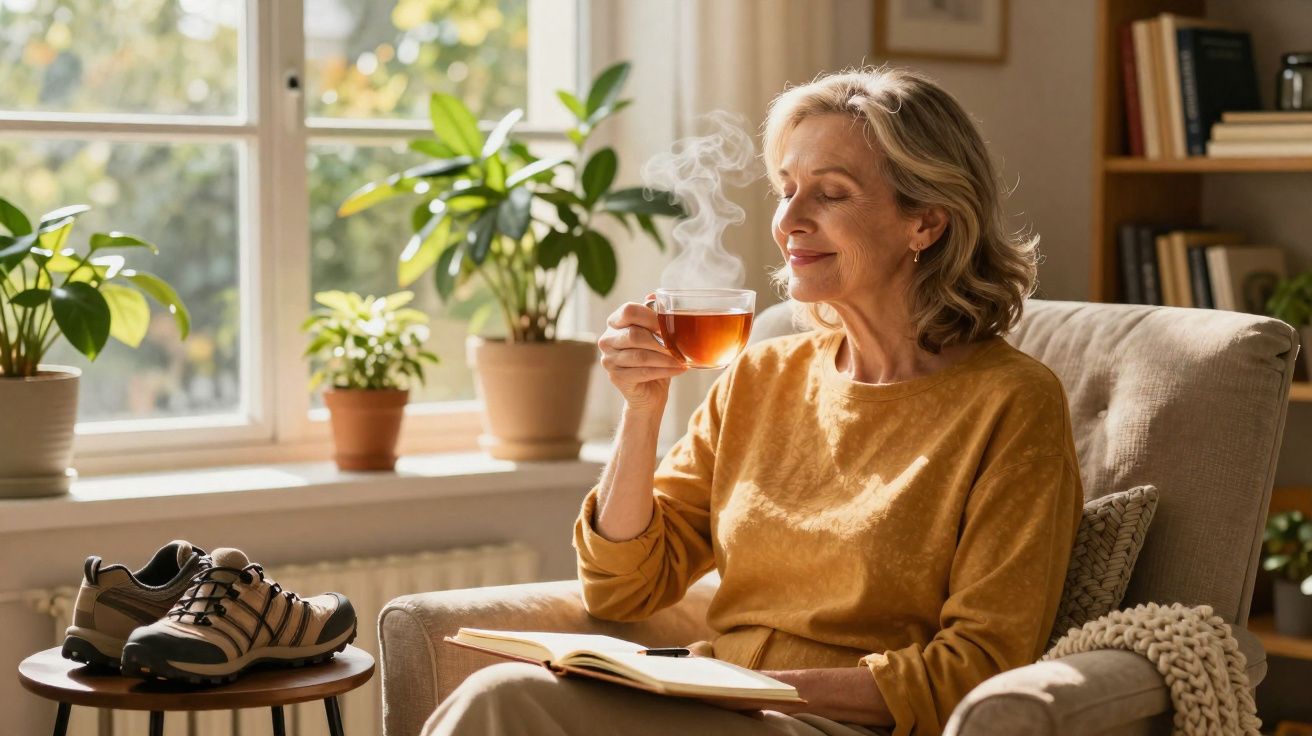 Mulher sorrindo aprecia chá quente sentada em poltrona, com livro aberto no colo, ao lado de plantas e tênis.