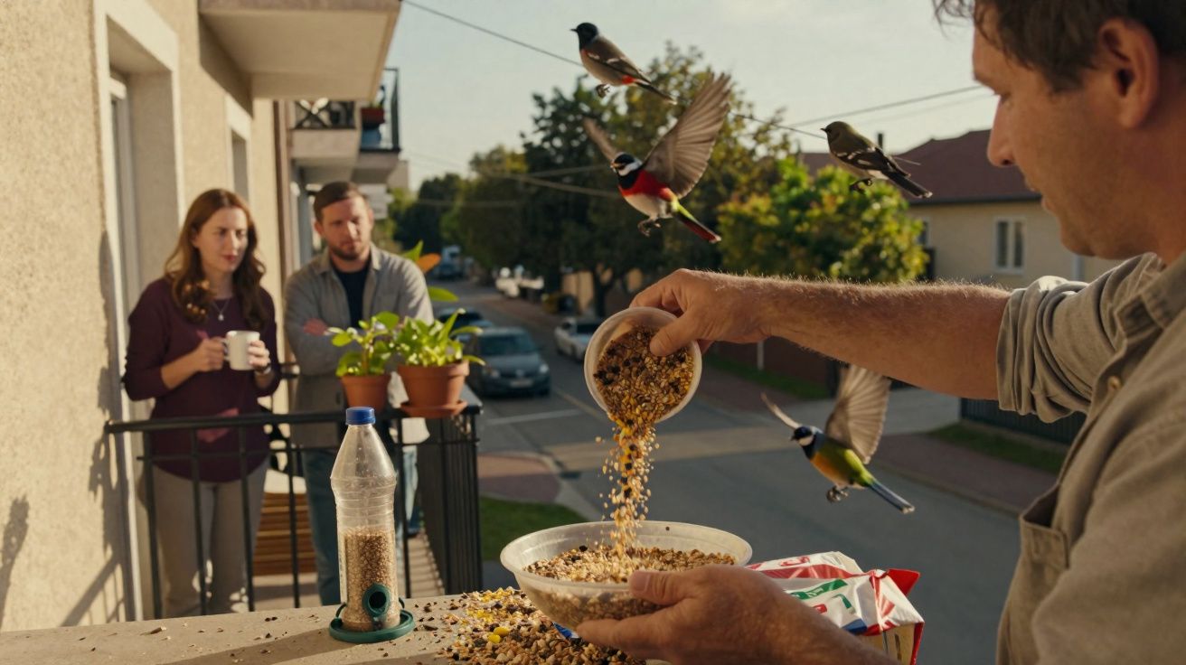 Homem alimenta pássaros com sementes enquanto casal observa da varanda em dia ensolarado.