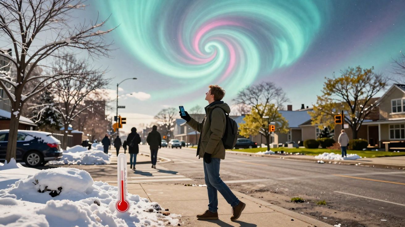 Jovem com celular observa céu com redemoinho colorido em rua urbana com neve e árvores secas.