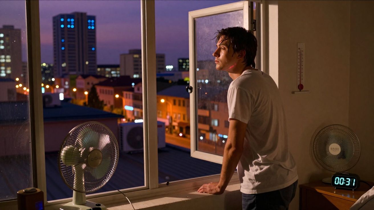 Jovem olhando pela janela aberta de um quarto à noite, com ventiladores e relógio marcando 00:31.