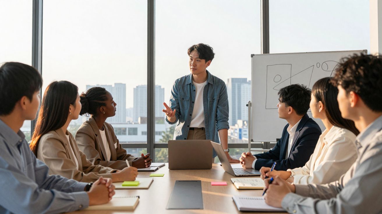 Jovem apresenta projeto para equipe em sala de reunião com laptops e quadro branco ao fundo.