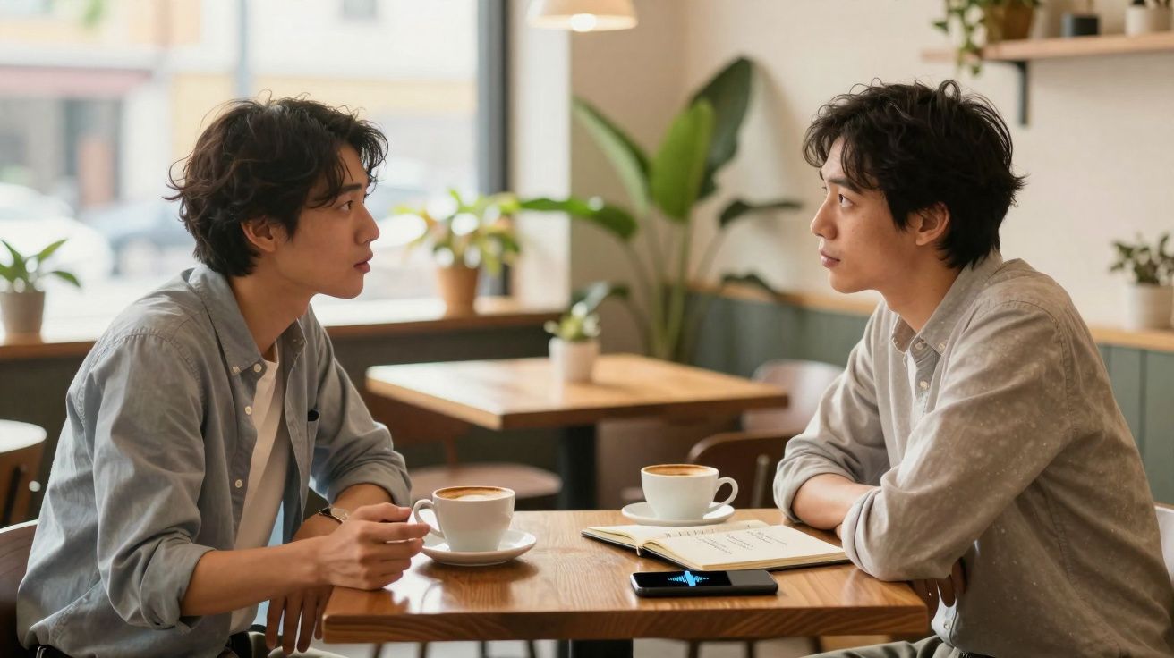 Dois homens conversam em um café, com xícaras de café e caderno sobre a mesa.