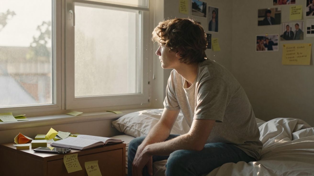 Jovem sentado na cama olhando pela janela em um quarto com anotações coladas na parede.