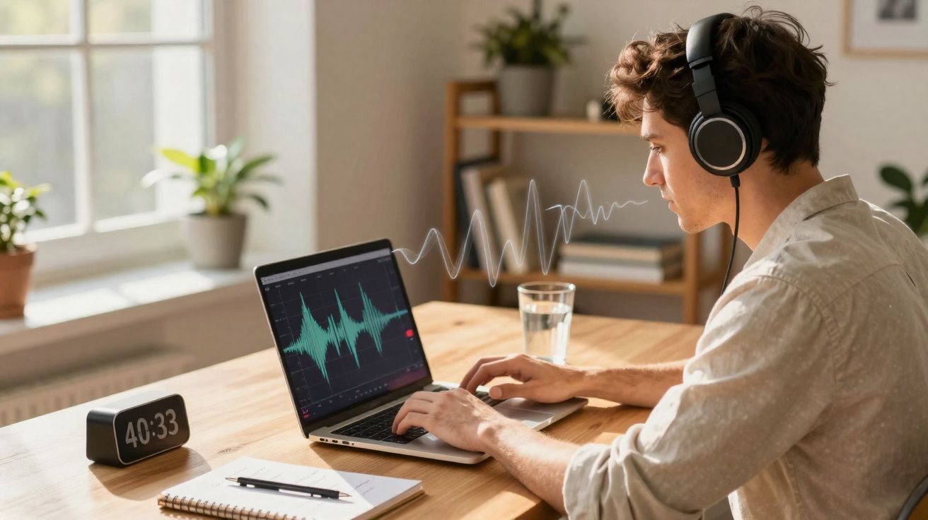 Jovem com fones de ouvido editando áudio em laptop em mesa com copo d’água, caderno, relógio e plantas.