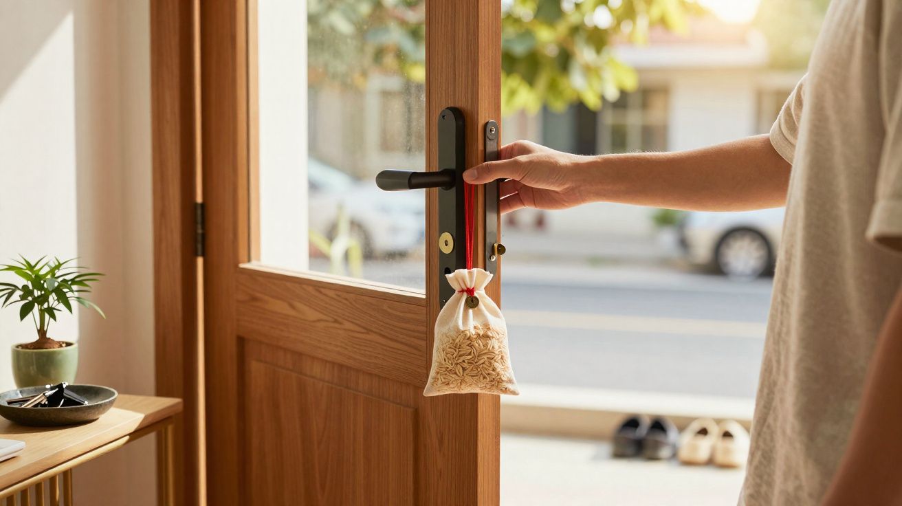 Mão feminina abrindo porta de madeira com sachê de ervas pendurado na maçaneta em ambiente iluminado.