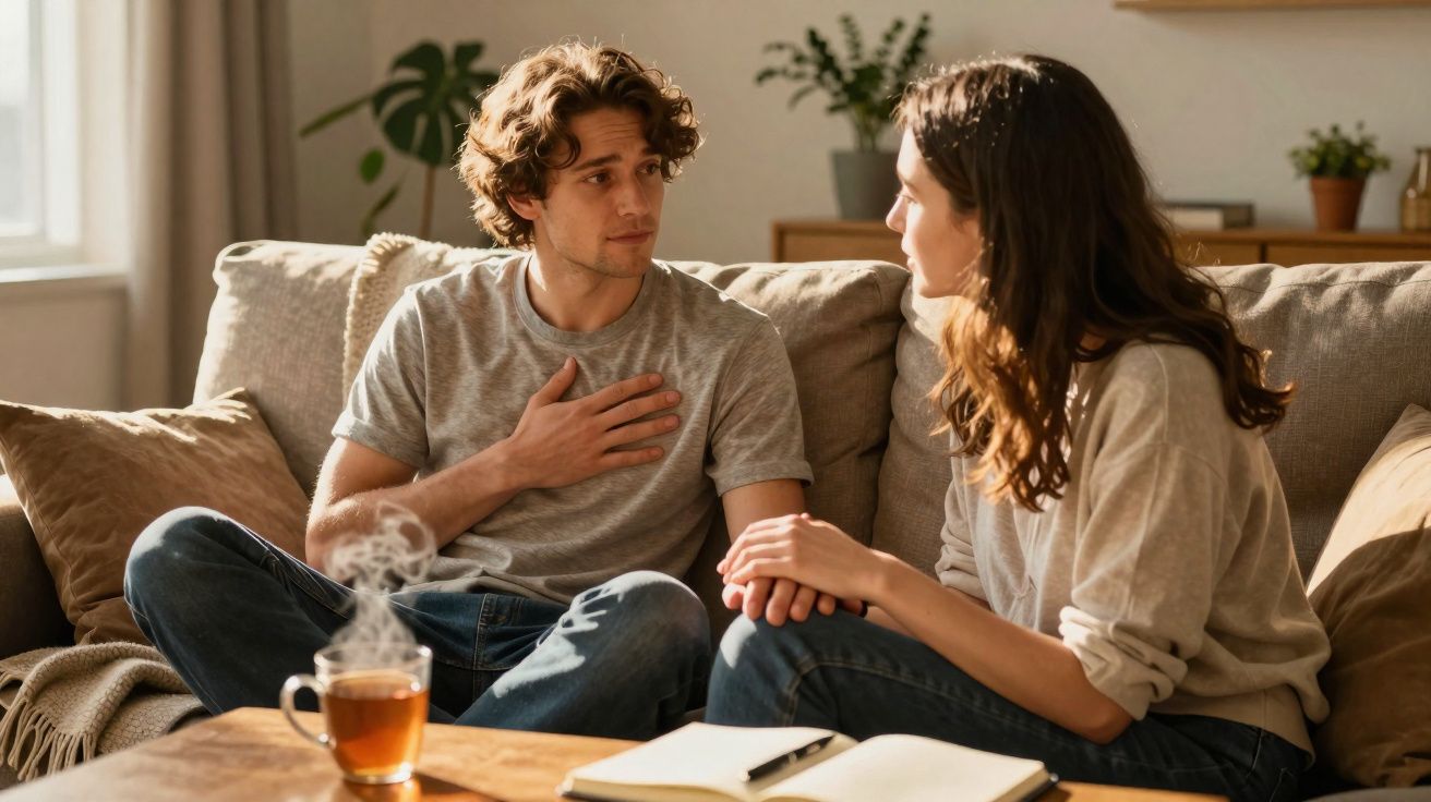 Casal sentado no sofá conversando, com expressão séria e mãos dadas, em ambiente aconchegante.