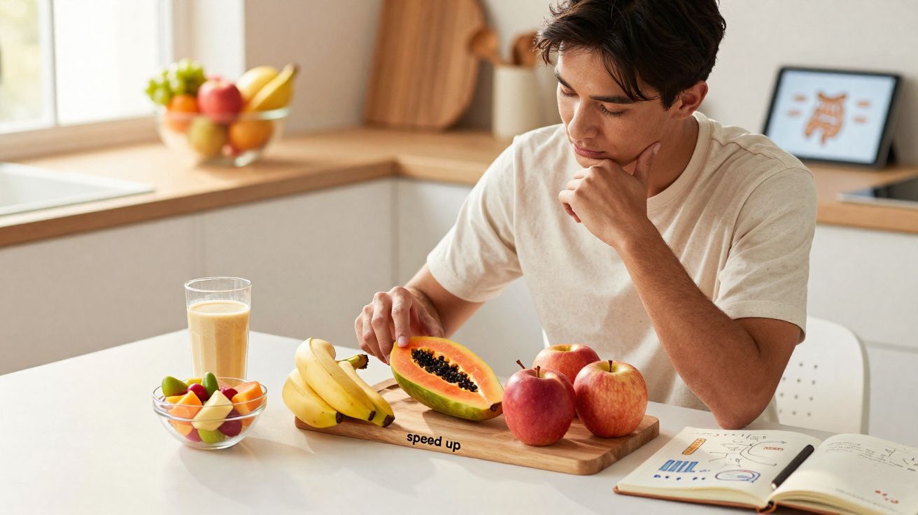 Homem sentado à mesa cortando mamão com frutas e caderno de anotações ao lado.