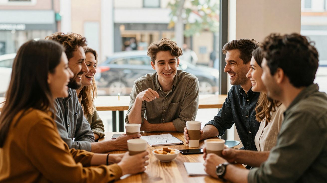 Grupo de seis jovens sorrindo e conversando em torno de mesa com copos descartáveis em café.