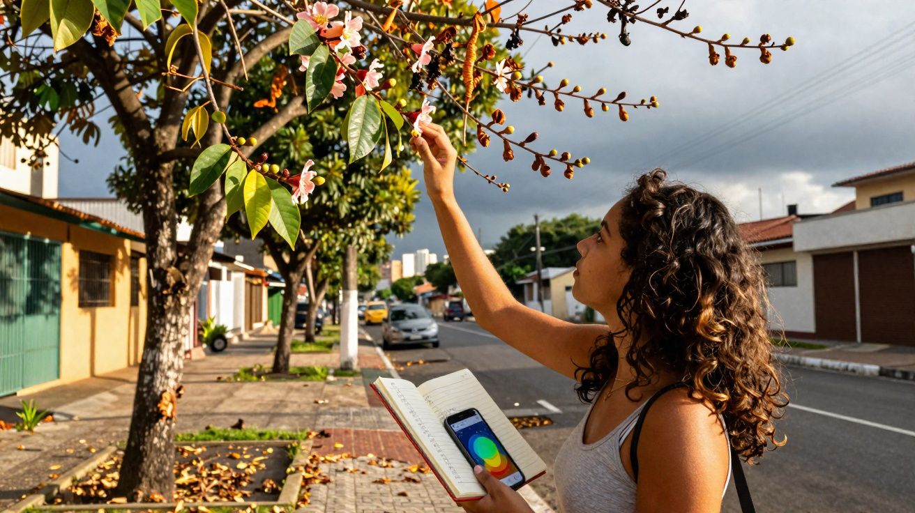 Mulher observa flores rosas em árvore na calçada de rua residencial, segurando caderno e celular.