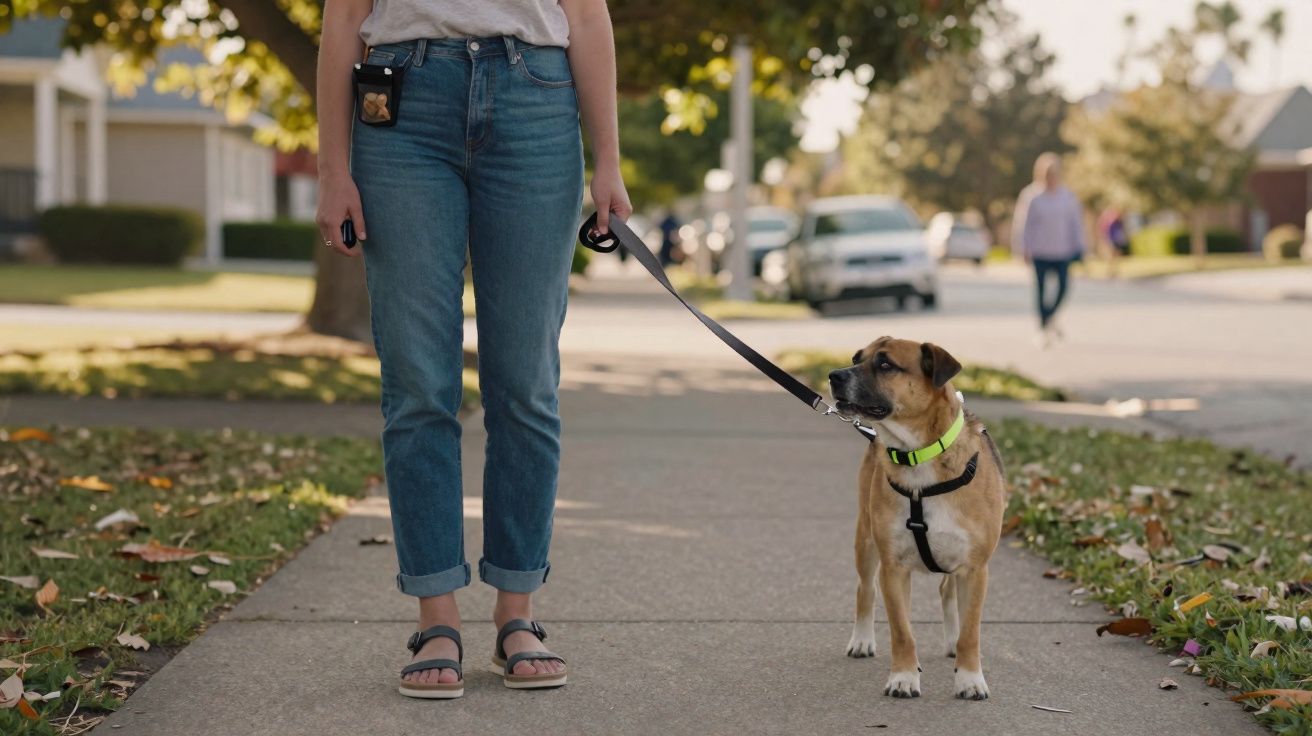 Pessoa de bermuda jeans e chinelos caminhando com cachorro de coleira neon em calçada residencial.