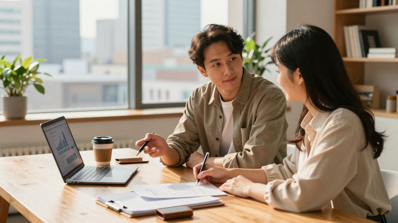 Duas pessoas discutindo dados em um laptop durante reunião em escritório com luz natural.