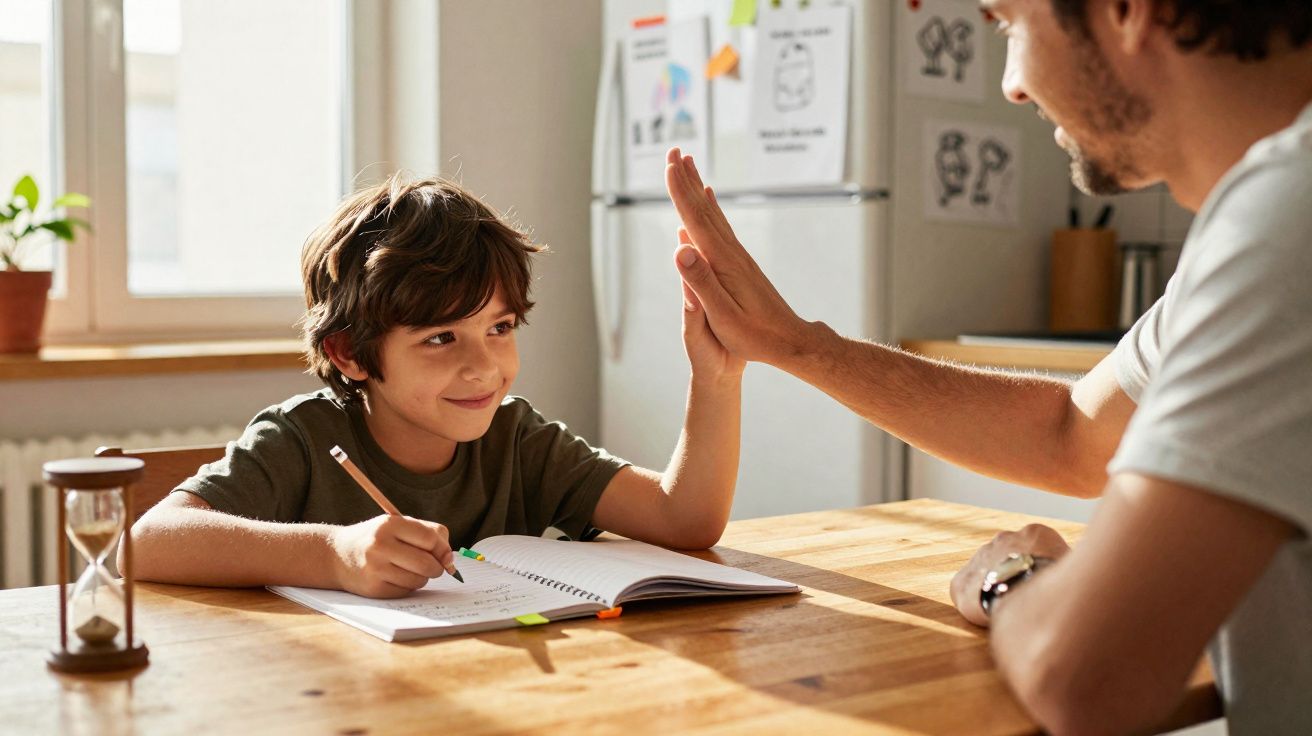 Criança sorridente fazendo lição de casa e recebendo um toque de mão de adulto em uma cozinha iluminada.