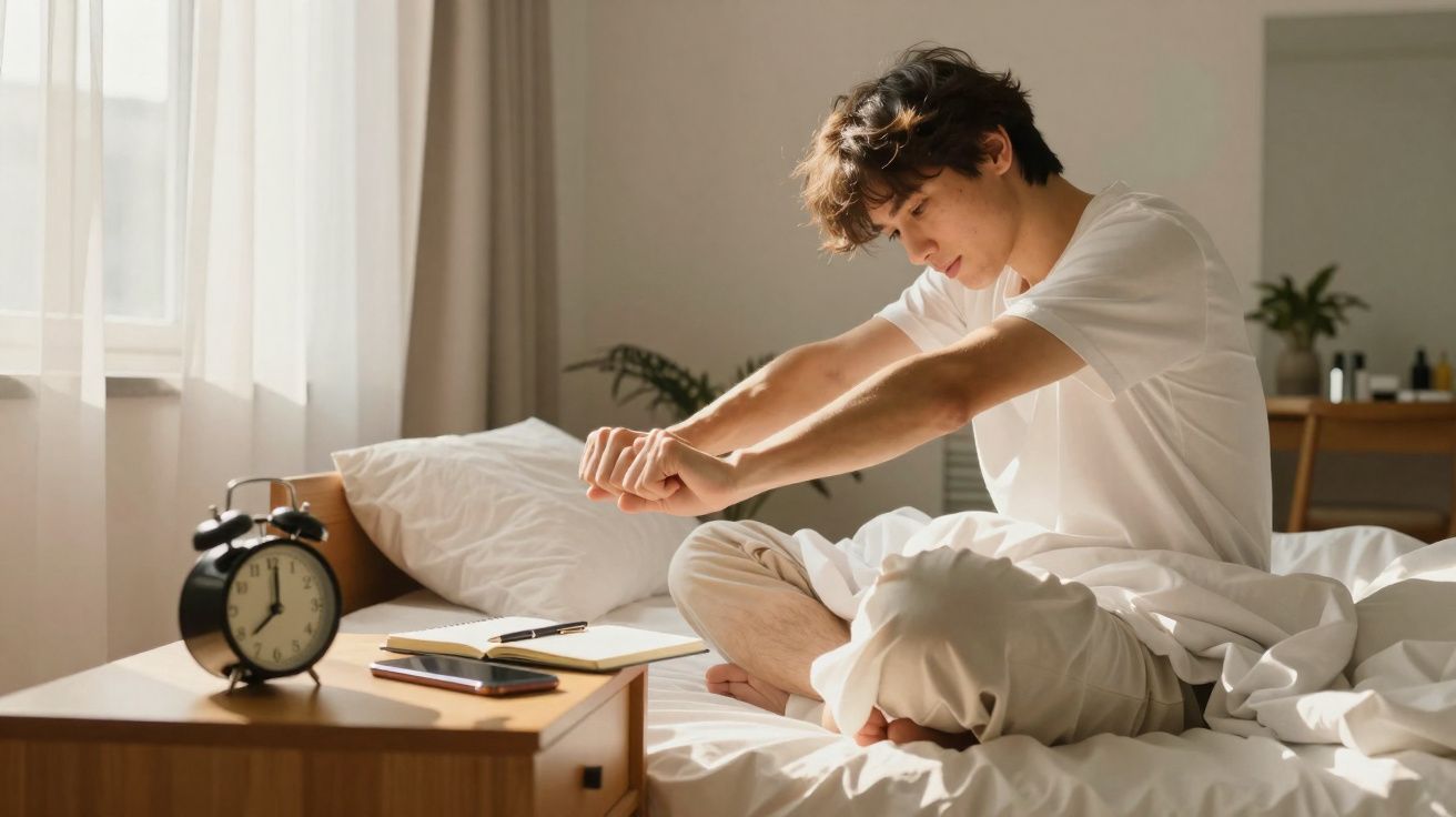 Jovem sentado na cama se espreguiçando ao amanhecer em quarto iluminado naturalmente.