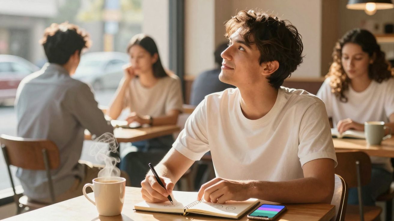 Jovem sorrindo enquanto escreve em caderno, com celular e xícara fumegante em mesa de cafeteria.