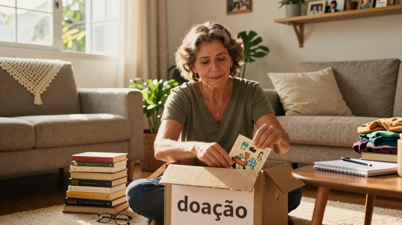 Mulher organizando itens para doação em uma caixa dentro de uma sala de estar iluminada.