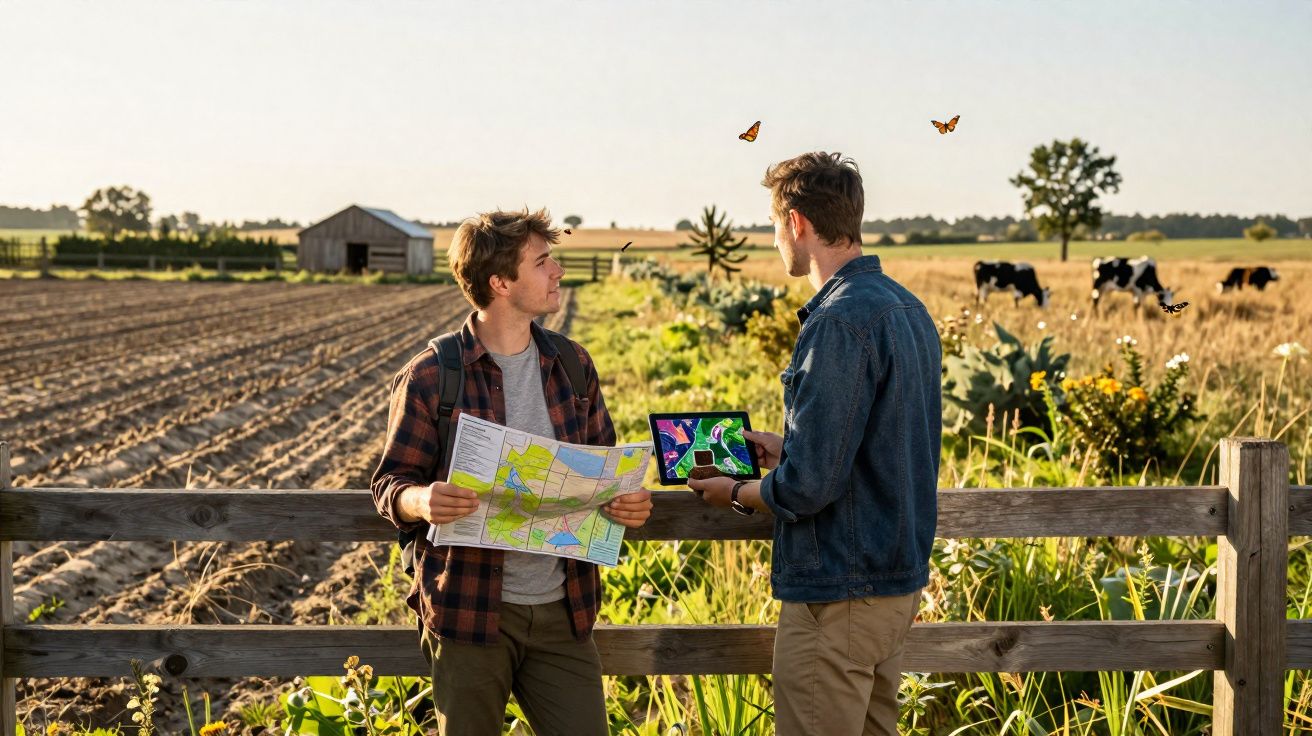 Dois homens em área rural com mapa e tablet, campo arado, vacas e borboletas ao fundo.