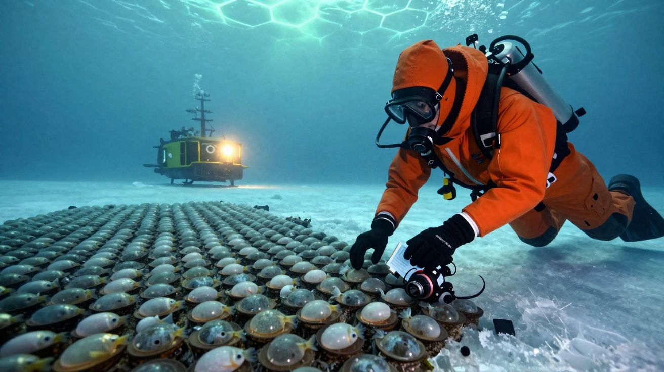 Mergulhador com roupa laranja inspeciona objetos no fundo do mar com veículo subaquático ao fundo.