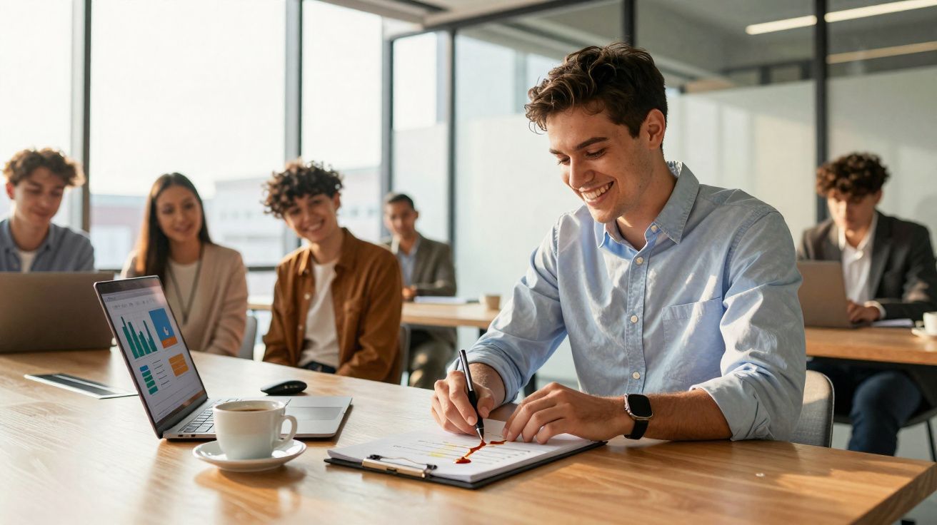 Jovem sorridente escrevendo em clipboard enquanto colegas assistem em sala de reunião com laptop e café.