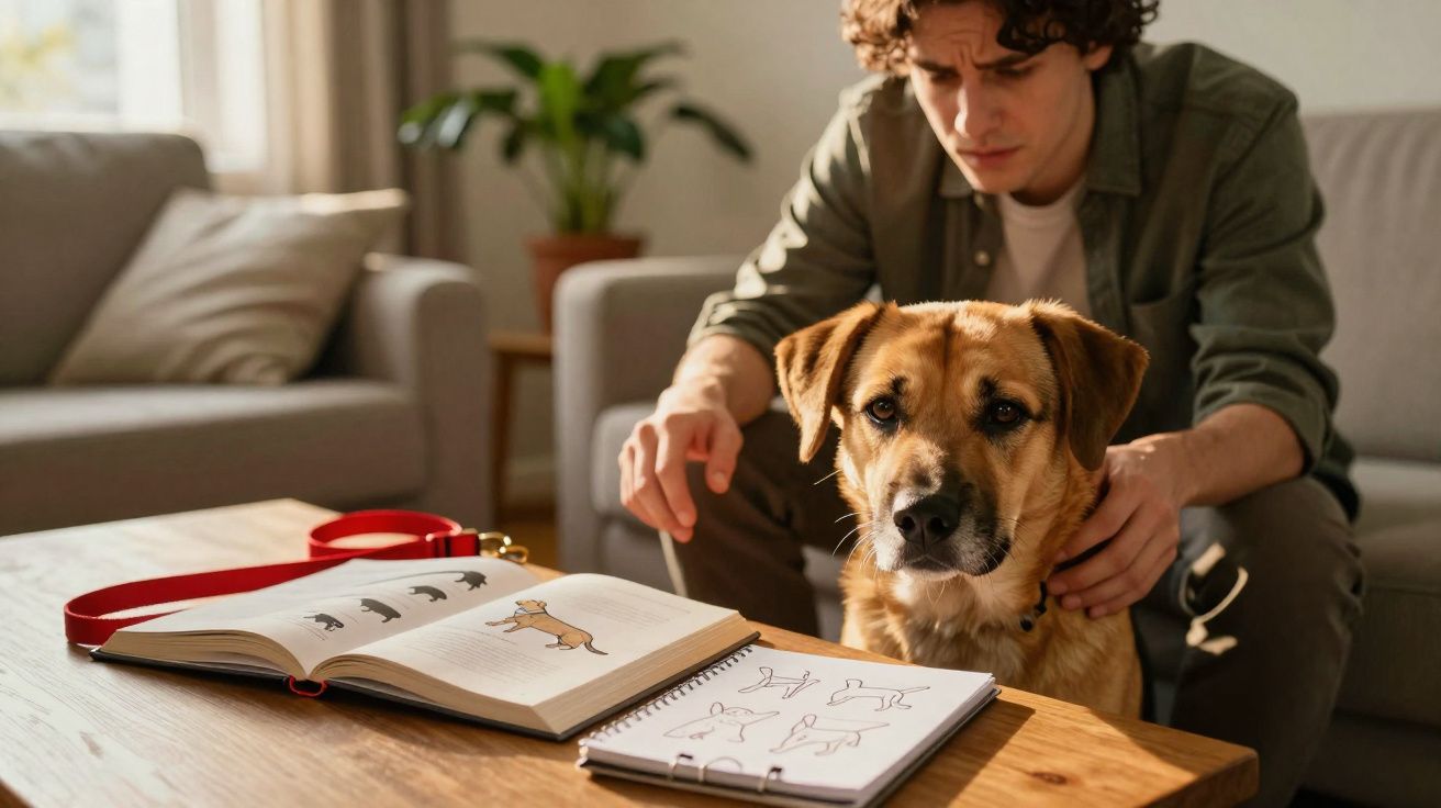 Homem sentado no sofá com cachorro olhando para caderno e livro de desenhos de cães sobre mesa.
