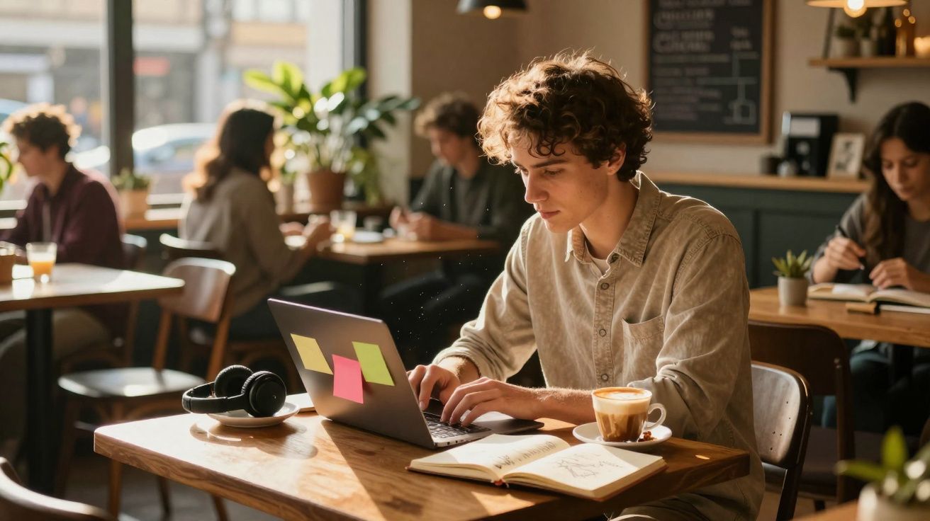 Jovem concentrado usando laptop em cafeteria, com café, fones de ouvido e caderno na mesa.